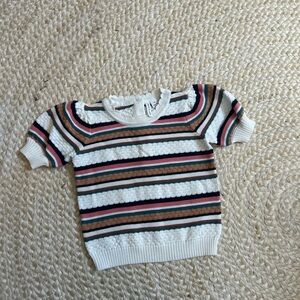 Janie and jack striped knit crochet 2T scalloped trim white brown puff sleeve